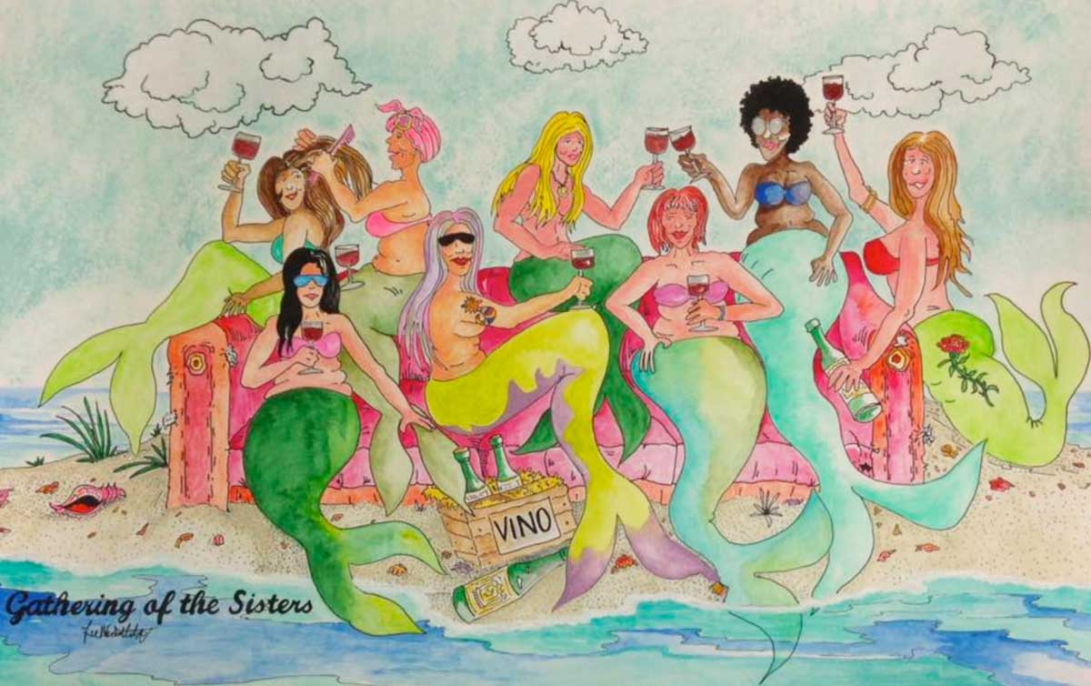 Gathering of the Sisters Mermaids drinking wine