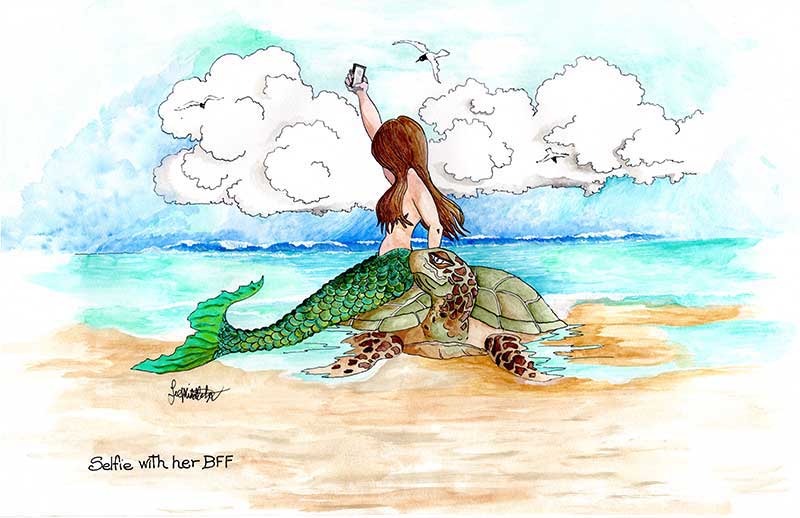 Mermaid taking selfie with turtle